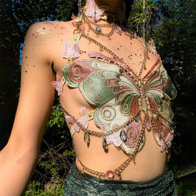 YOUR BUMP CURVE Sexy Woman Crystal Chain Butterfly Embroidery Sleeveless Backless Adjustable Ultra Short Top Music Prom