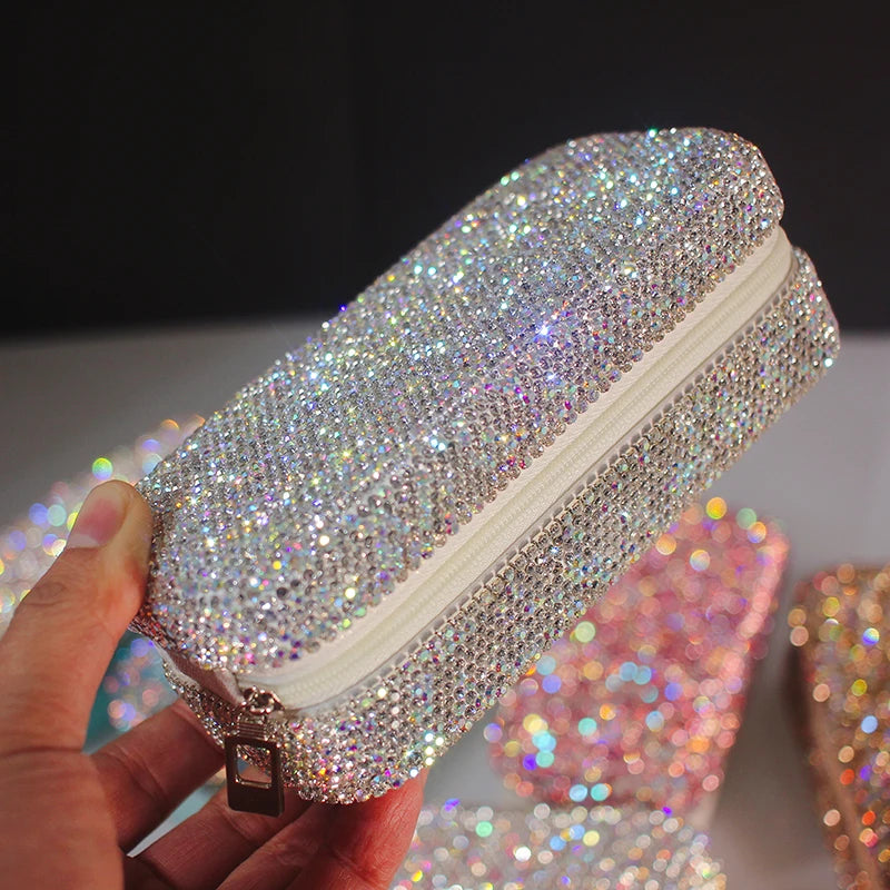 Rhinestones Jewelry Box Small Travel Portable Leather Earrings Ring Necklace Partition Organizer Make Up Finishing Storage Case