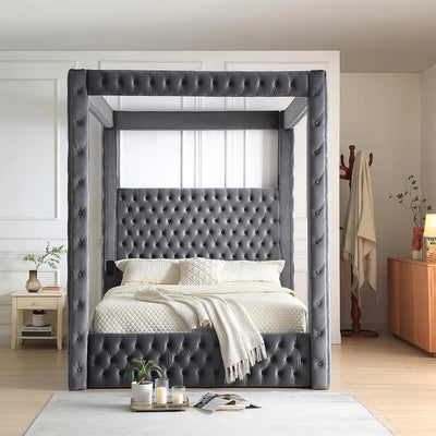 Luxurious Velvet Canopy Queen Bed With Speaker And Usb Connection In Gray