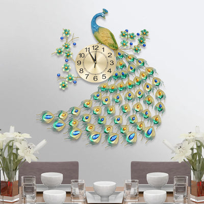 Luxury Peacock Wall Clock Metal 3D Art Decoration Wall Clock 8.26Inch Silent Quartz Scanning Movement Dining Room Decor