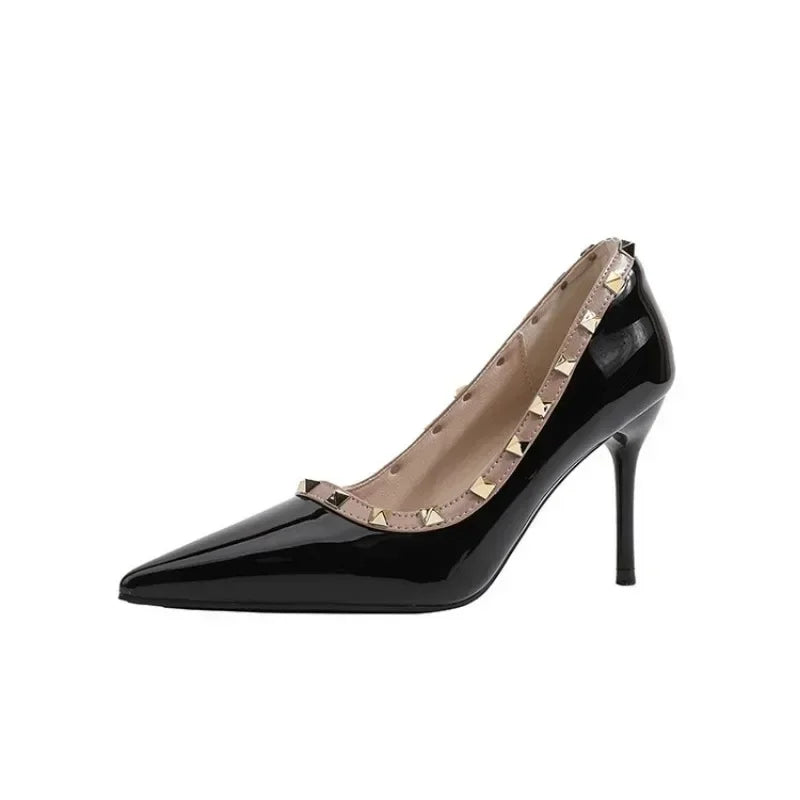 Sexy Pointed Toe Women's Soft Leather Pumps Autumn New Thin High Heels 2024 Latest Rivet Design Ladies Dress Shoes Big Size 42