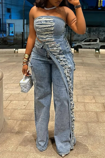 Plus Size Party Blue Asymmetric Hem Distressed Denim Two Piece Pant Sets