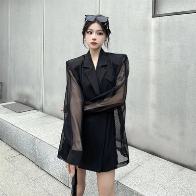 Fashion Hollow Out Mesh Patchwork Blazer for Women Y2K Korean Chic Net Long Sleeves Loose Black Coat Gothic Casual Suit Jacket
