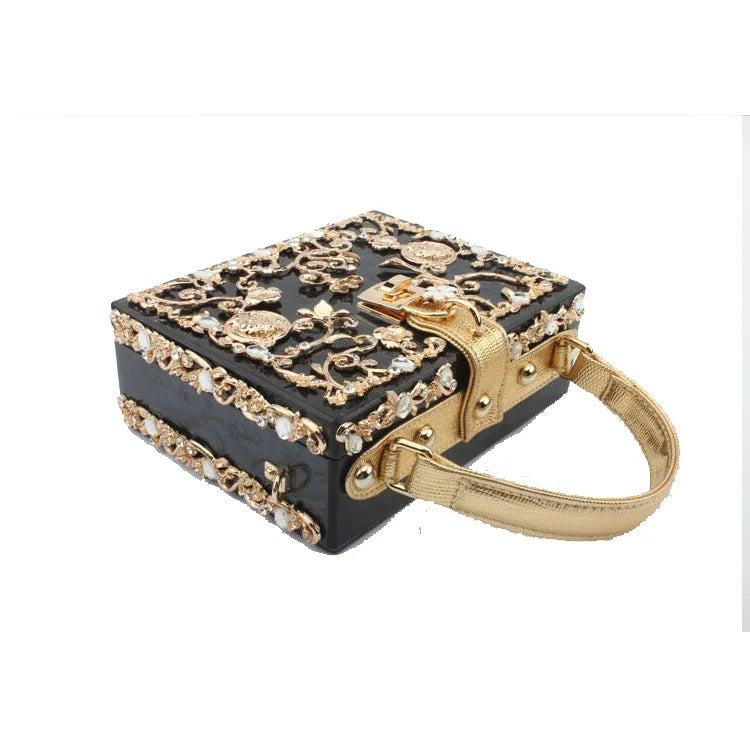 High-Grade crystal Evening Bag Female New Hollow Out Metal Carved Flower Diamond Handbag Box Fashion Chic Shoulder Crossbody Bag