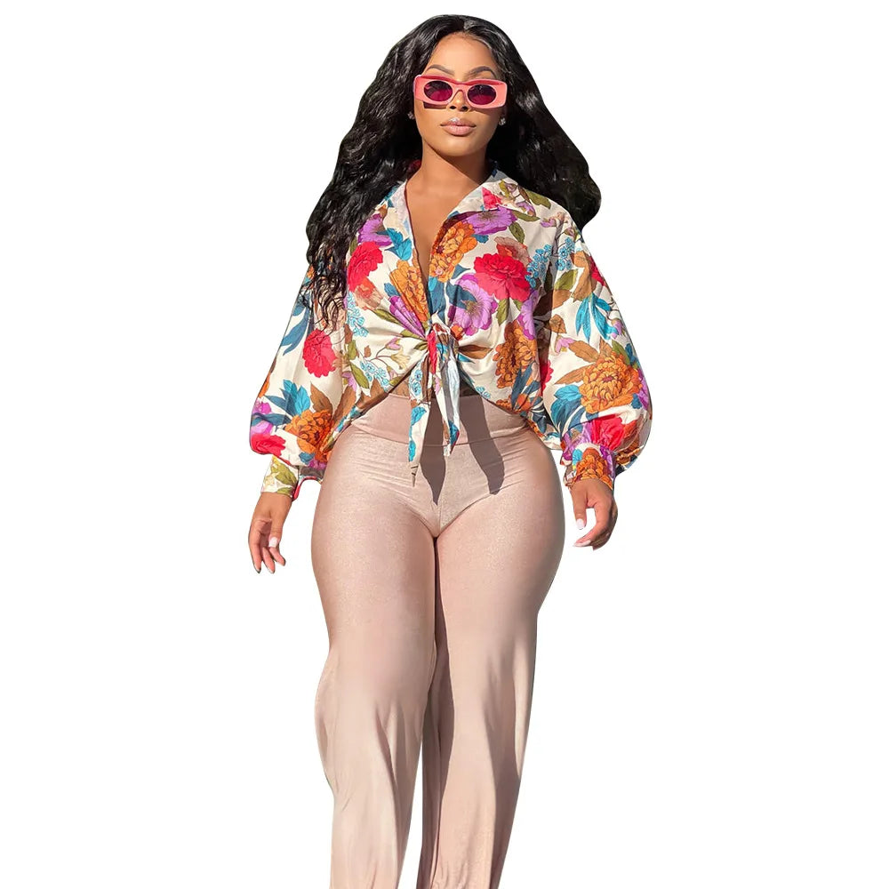 Women Imitation Silk Printed Casual Shirt Top Women Lantern Long Loose Blouse Female Clothes