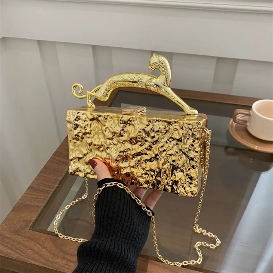 Leopard handle Luxury Gold Silver Party Evening Bag For Women Chain Clutch Handbags And Purses Mini Crossbody Shoulder Phone Bag