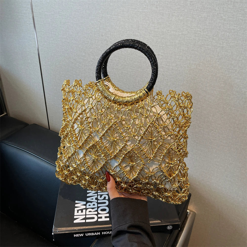 MOODS Handmade Woven Design Round Handle Handbags For Women Eco-friendly Craft Paper Hollow-out Luxury Designer Top-handle Bags
