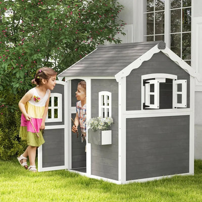 Outsunny Playhouse for Kids, Outdoor Wooden Playhouse with Floor, Door, Windows & Planter Box for 3-8 Year Olds, Backyard, Lawn,