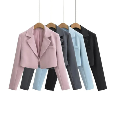 Autumn Notched Collar Open Stitching Blazer Vintage Women Full Sleeve High Waist Short Suit Cool Girl Coat Outwear