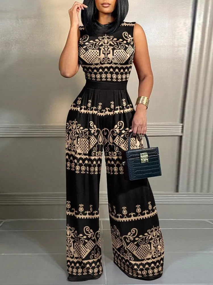 Elegant Women Wide Leg Long Juumpsuit 2024 Spring Summer Fashion Printed Sleeveless Casual Holiday Bodysuits Jumpsuits Trousers