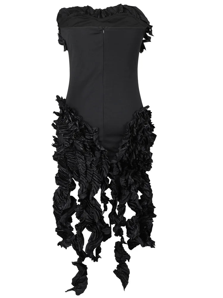 Bonnie Forest Women's Fringed Bandage Midi Dress Glam Strapless Irregular Ruffle Party Cocktail Dress Female Vestidos Clubwear