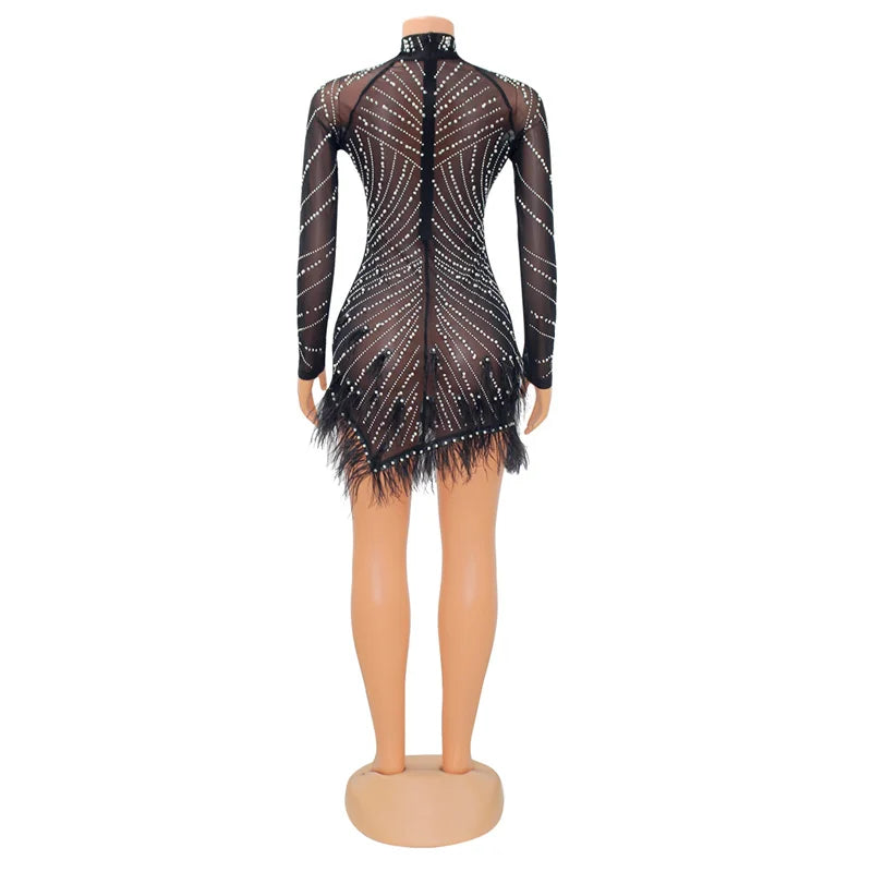 Sexy Pearls Rhinestone Party Dresses Women Elegance Nightclub Feather Birthday Dress Long Sleeve Mesh Sheer Bodycon Mini Dress