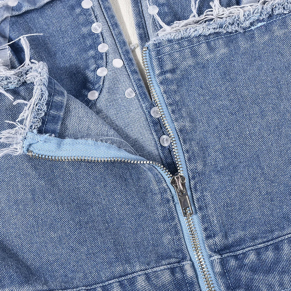 Sibybo Tassel Hollow Out  Overalls For Women Studded Diamond Strapless Backless Jeans Street Fashion Trend Jumpsuite Femme