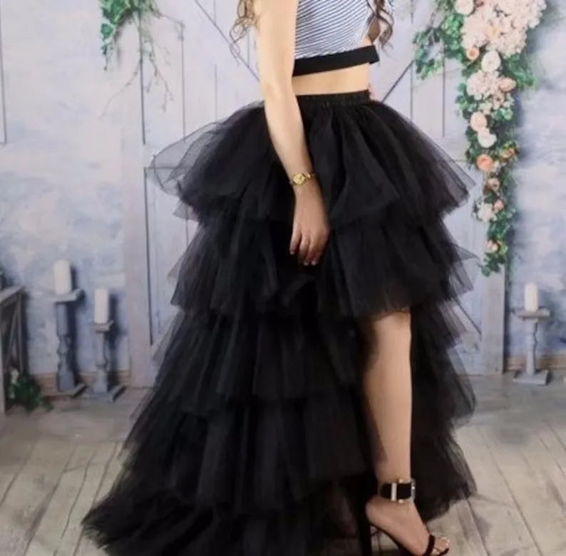 Women Tiered Short Skirts Fluffy Tulle Multi-layer High-Low Petticoat A Line Elastic Waist Underskirt Carnival Party Tutu Skirts