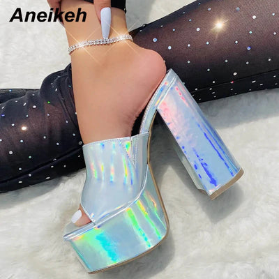 Aneikeh 2025 New Fashion Open Toe Platform High Heel Women Summer Mules Slip-On Outdoor Slippers Sandals Size 35-42 Silver Gold