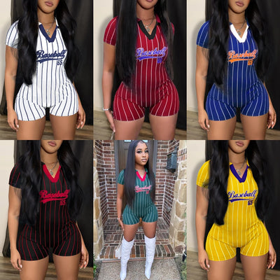 Women's V Neck Casual Jumpsuit One Piece Tight Short Rompers Sports Clothes Baseball Letter Print Summer Outfit New Fashion 2023