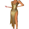 Glitter Metal Sequins Halter Cowl Neck Open Back Slit Evening Gown for Women Sparkling Rave Nightclub Bodycon Long Dress