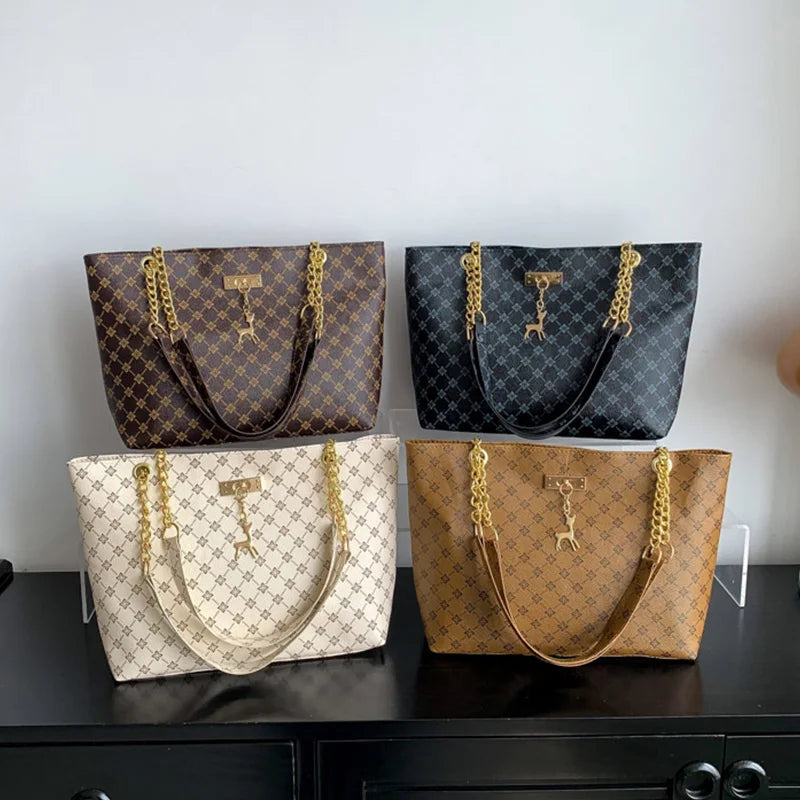 Luxury Old Money Tote Bag - Printed PU with Metal Chain Strap,Spacious & Lightweight for Women Commuting Travel