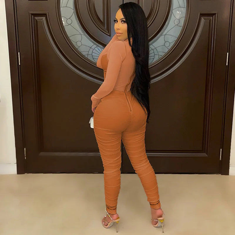 Sexy Mesh Patchwork Jumpsuits for Women Elegant Long Sleeve Bandage One Piece Party Long Bodysuit