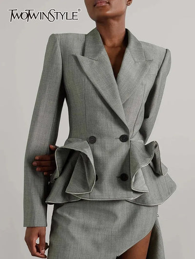 TWOTWINSTYLE Solid Spliced Ruffles Blazers For Women Notched Collar Long Sleeve Patchwork Button Casual Blazer Female Clothing