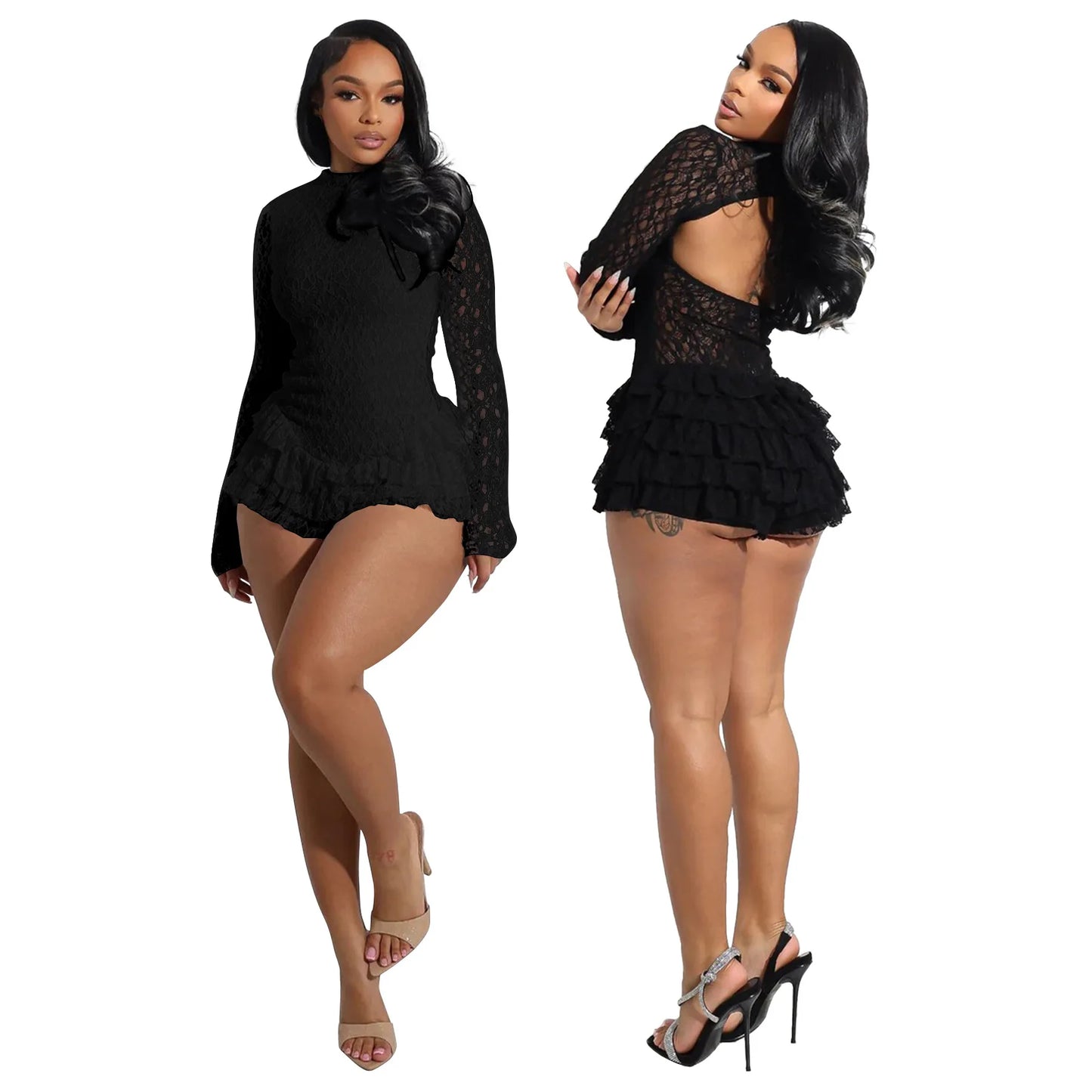 CM.YAYA Women Long Sleeve Lace Ruffles Ruched High Waist Short Jumpsuit Streetwear Backless Street One Piece Romper Playsuit