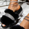 Women Fur Rhinestone Slippers Platform Wedges Without Heel Fluffy Furry Slides Flat Flip Flops Shoes Ladies Shiny Bling