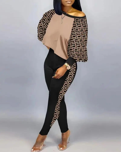 2024 New Autumn Women's Long-Sleeved Round Neck Off-Shoulder Fashion Casual Suit Pants Set Woman Coordinated Pants Sets