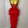 Stock 2025 Women Sexy Sparkly Rhinestone Mesh Feather Long Dress Elegant Evening Party Celebrate Birthday Performance Costume