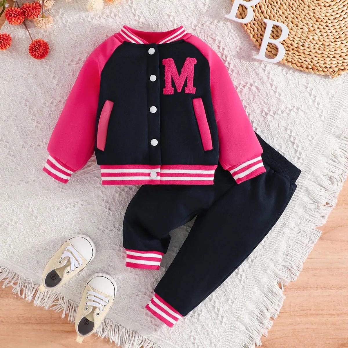 Clothing Set For Kid Girl 6 Months-3 Years old Pink Baseball Uniform Button jacket Long Sleeve Coat and Pants Outfit For Baby - MAGUSTA BEAUTY