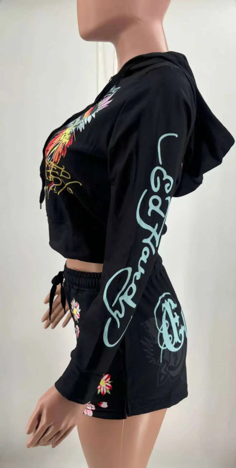 Sifreyr Street Printed Fashionable Casual Versatile Shorts Set Hooided Long Sleeved Zipper Cardigan Jacket High Waist Suit