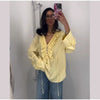 Solid Ruffles Full Sleeve Chiffon Shirt Women Casual Loose V Neck Long Sleeves Street Blouses 2025 Spring Summer Holiday Tops