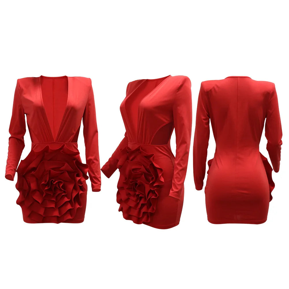 CM.YAYA Women Rose Floral Applique Long Sleeve Bodycon Mini Midi Dress Winter V-neck Club Sexy Party Evening Dresses Vestidos