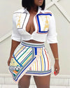 Two Piece Set Women Outfit 2024 Summer Fashion Graphic Print Buttoned Turn-Down Collar Shirt & Striped Asymmetrical Skirt Set