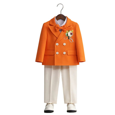 Boys Royal Blue Orange Suit For Wedding Kids Jacket Pants Bowtie Flower 4PCS Ceremony Tuxedo Dress Children Photograph Costume
