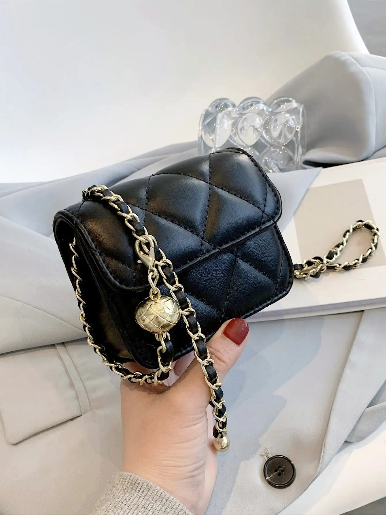 Simple And Versatile Texture Mini Bag With Gold Ball Chain Strap Shoulder Bag Crossbody Bag 	Purse Women's Bag