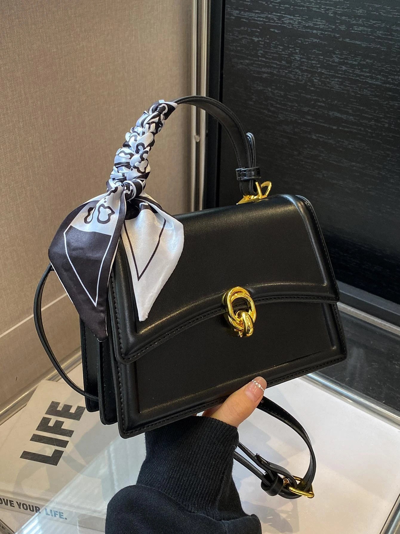 Bow Decor Lightweight Flap Bag, Business Casual Mini Women's Shoulder Bag Skinny Scarf Decor Square Bag For Teen Girls Women