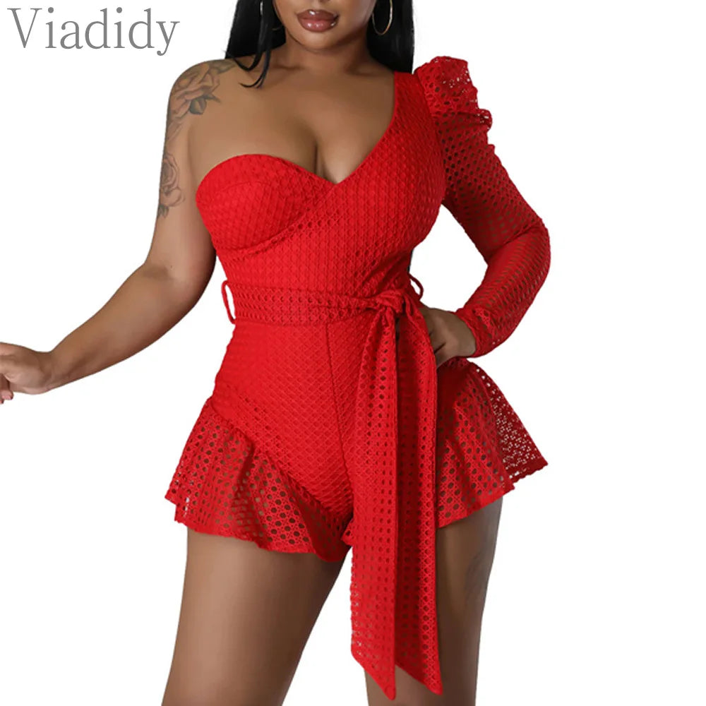 Women Sexy Solid Color One Shoulder Ruffles Decor Skinny Rompers Backless Playsuits with Belt