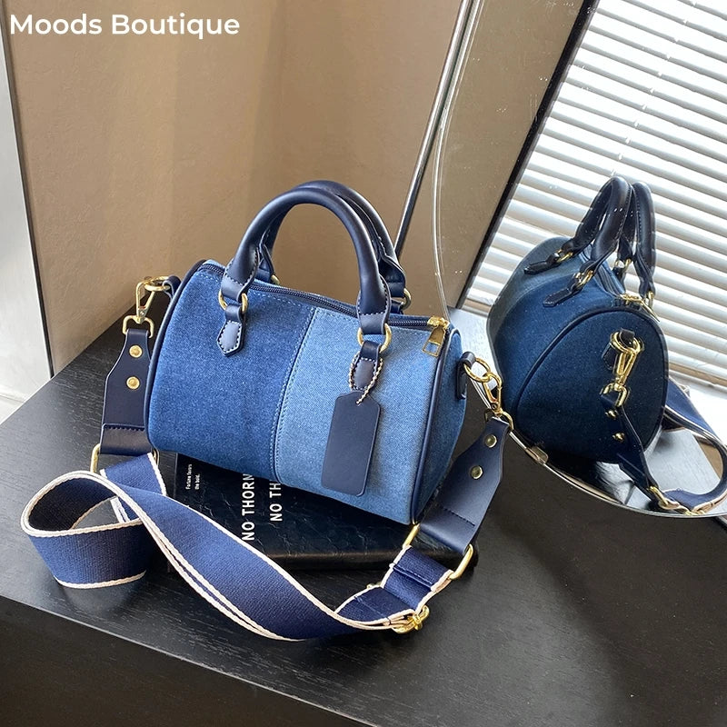 Patchwork Colorblock Mini Handbags For Women Denim Shoulder Cross Body Bags Casual Street Small Boston Bag 2024 Designer Purses