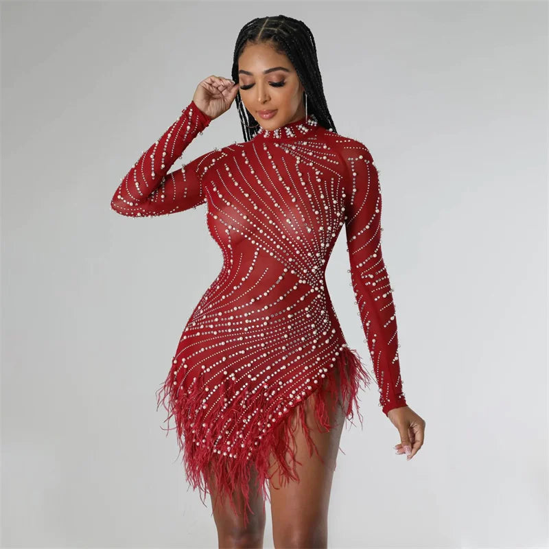 Sexy Pearls Rhinestone Party Dresses Women Elegance Nightclub Feather Birthday Dress Long Sleeve Mesh Sheer Bodycon Mini Dress