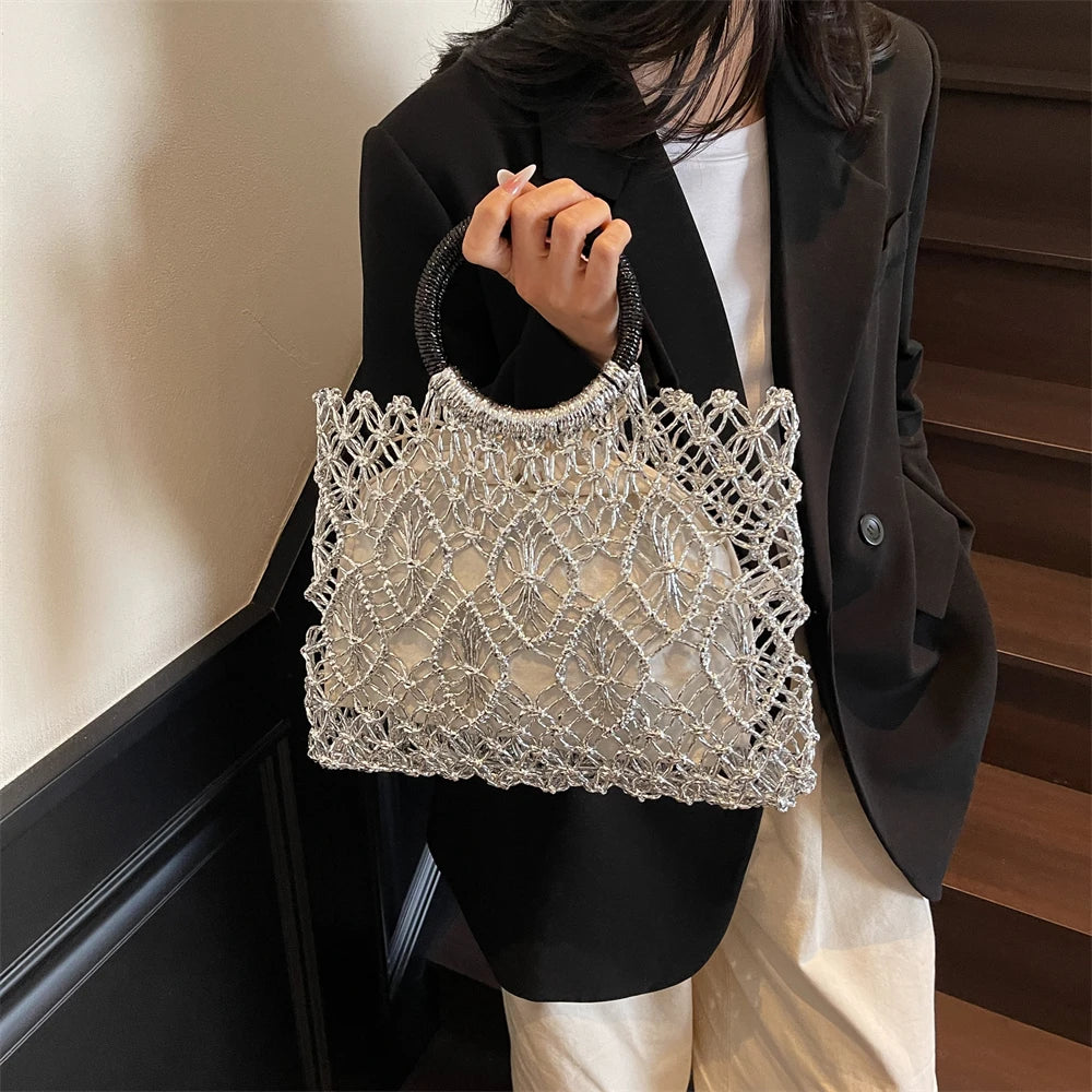 MOODS Handmade Woven Design Round Handle Handbags For Women Eco-friendly Craft Paper Hollow-out Luxury Designer Top-handle Bags