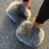 Extra Large Fur Slippers Real Fox Raccoon Fur Slides Flat Flip Flops Beach Designer Sandals Cute Plush Hair Furry Shoes Woman