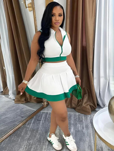 Beyprern Cute Girls Zipper Front Crop Top And Ruffles Skirt Set Summer Tracksuits Set Two Piece Dress Sporty Tennis Active Set