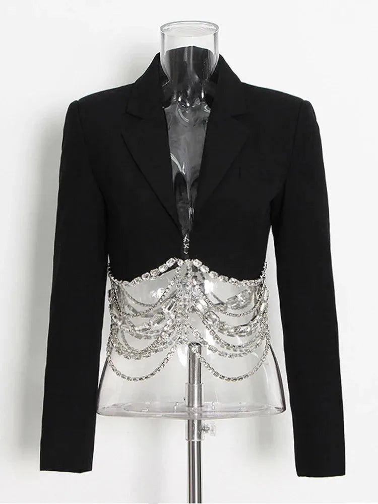 TWOTWINSTYLE Solid Casual Patchwork Diamonds Chain Slim Blazer For Women Notched Collar Long Sleeve Temperament Blazers Female