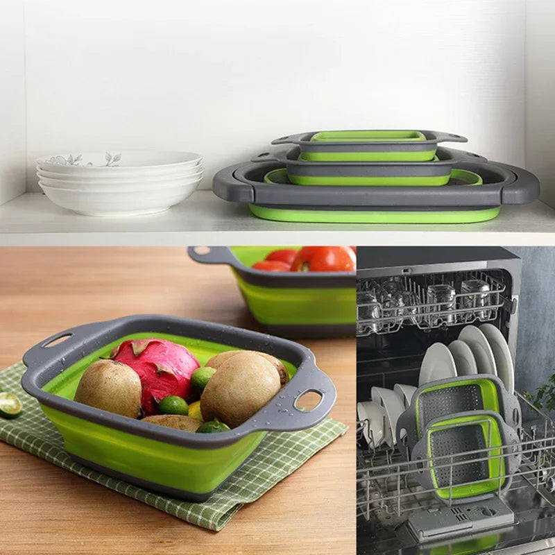 1Pcs Silicone Plastic Square Fruit Vegetable Colanders Washing Basket Foldable Colanders Strainers Kitchen Gardgets Accessories