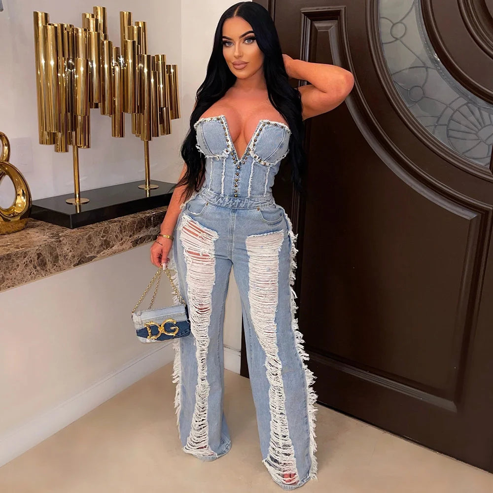 Sibybo Tassel Hollow Out  Overalls For Women Studded Diamond Strapless Backless Jeans Street Fashion Trend Jumpsuite Femme