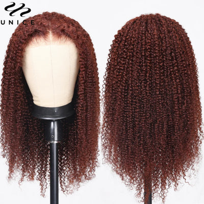 UNICE Hair Bye Bye Knots 7x5 Lace Wig Human Hair Reddish Brown Kinky Curly Wigs Pre Cut Pre Bleached Glueless Wig Ready To Wear