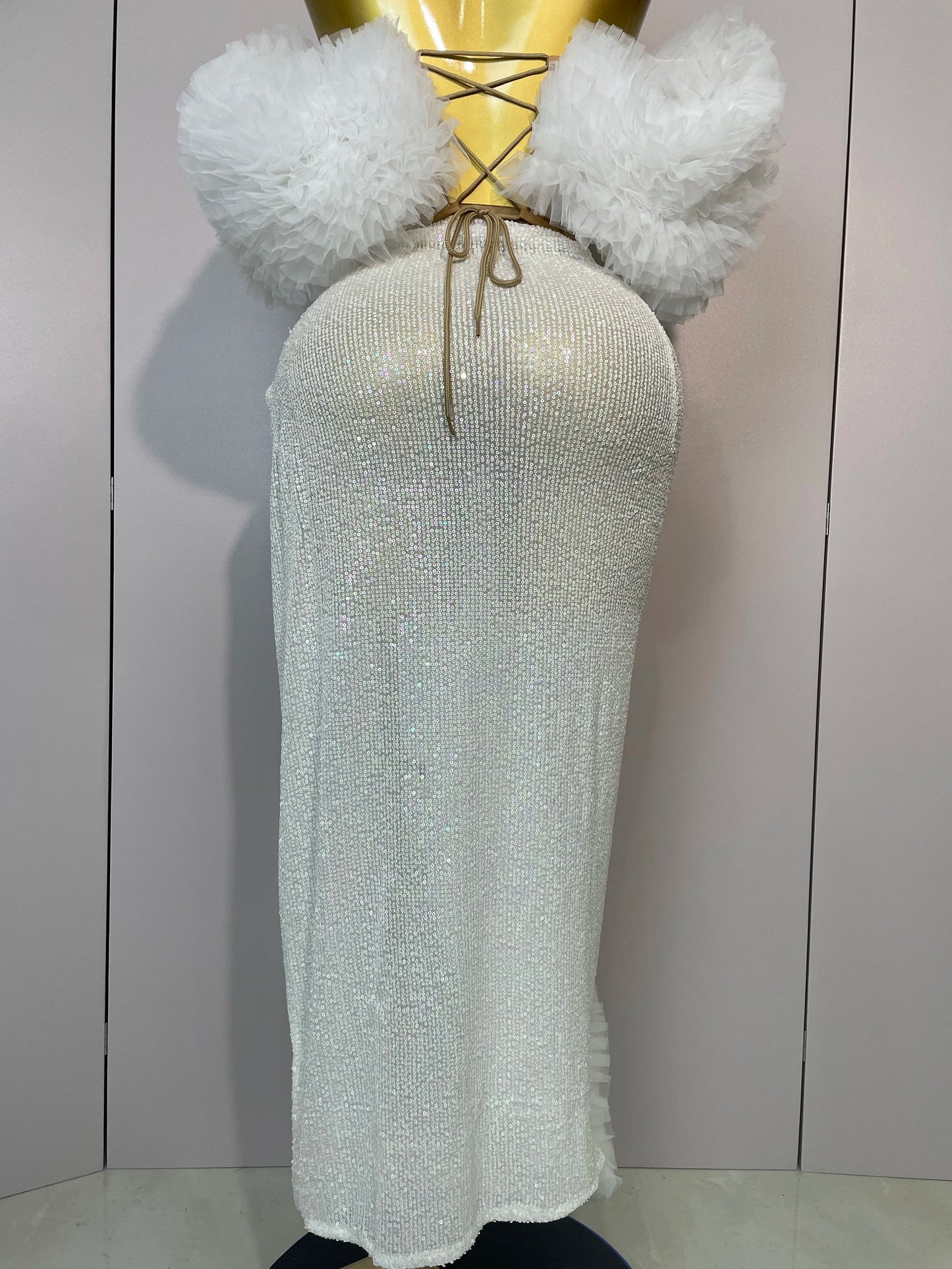 2025 Women White Sequins Top Short Skirt Two Pieces Set Sexy Celebrate Evening Prom Birthday Dress Nightclub Stage Outfit