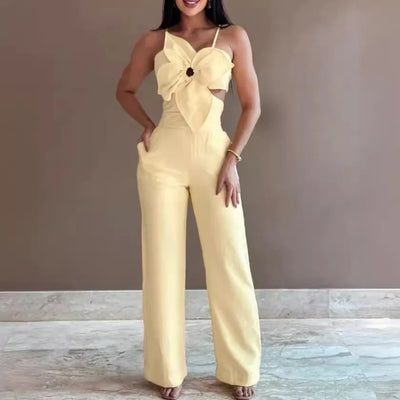 2024 Summer Fashion White Jumpsuit Women Floral Pattern Shirred Hollow Out Casual Asymmetrical Neck Pocket Backless Jumpsuits