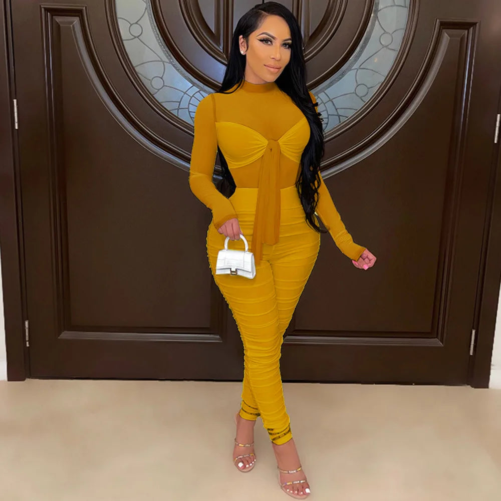 Sexy Mesh Patchwork Jumpsuits for Women Elegant Long Sleeve Bandage One Piece Party Long Bodysuit