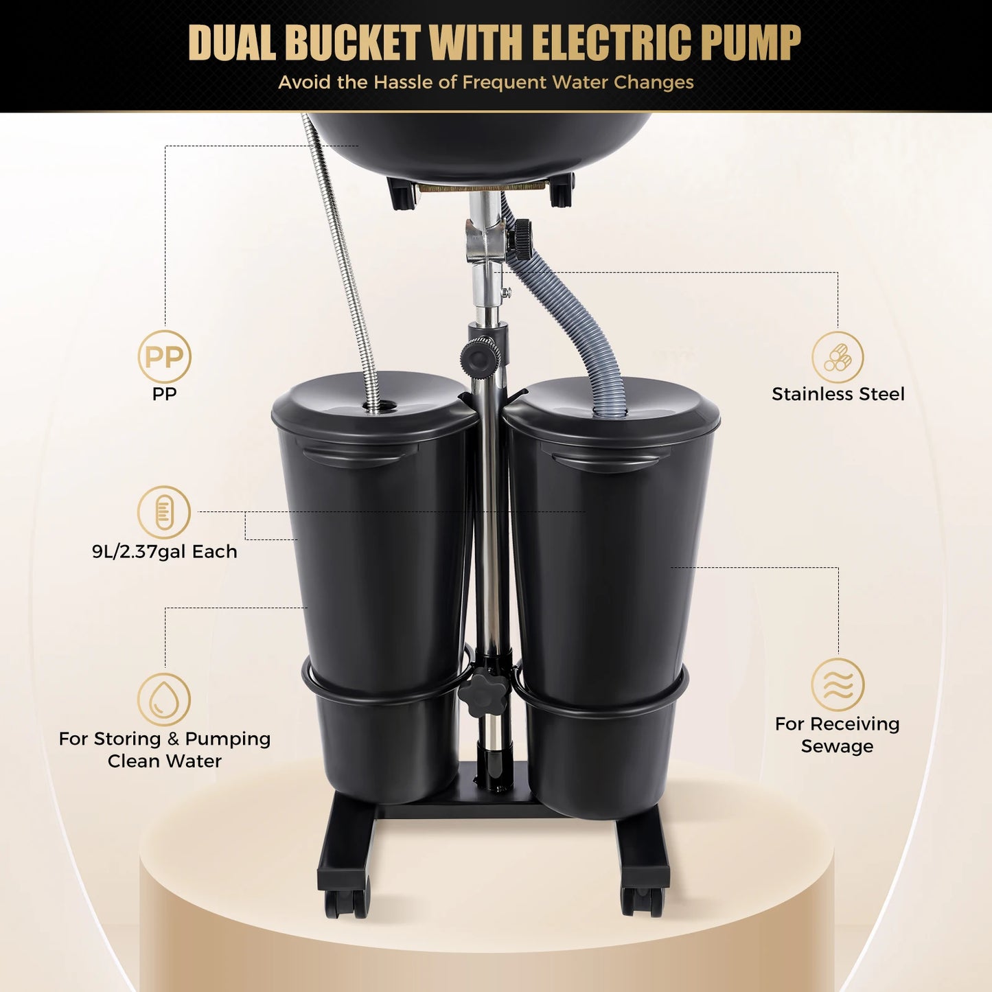 Portable Shampoo Basin with 2 Water Buckets 30cm Deep Salon Hair Washing Sink Adjustable Height Angle Mobile Shampoo Bowl Unit